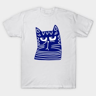 Blue and white cat head with grumpy face T-Shirt